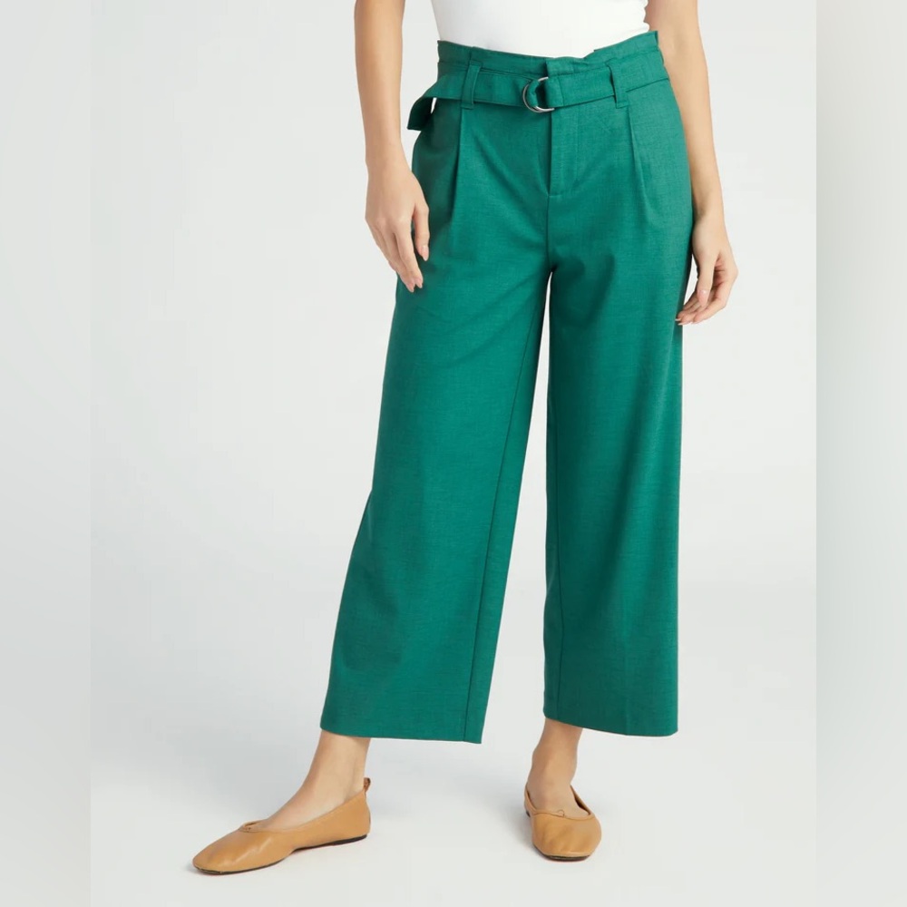 Liverpool Green Belted Paperbag Wide Leg Crop Pants